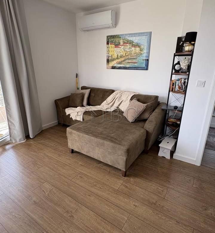 Comfortable living room with sofa, artwork, and natural light in Pomorie residence.