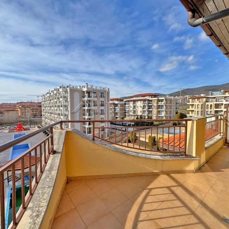 Balcony view of Sveti Vlas cityscape from a one-bedroom apartment in Aqua Dreams.