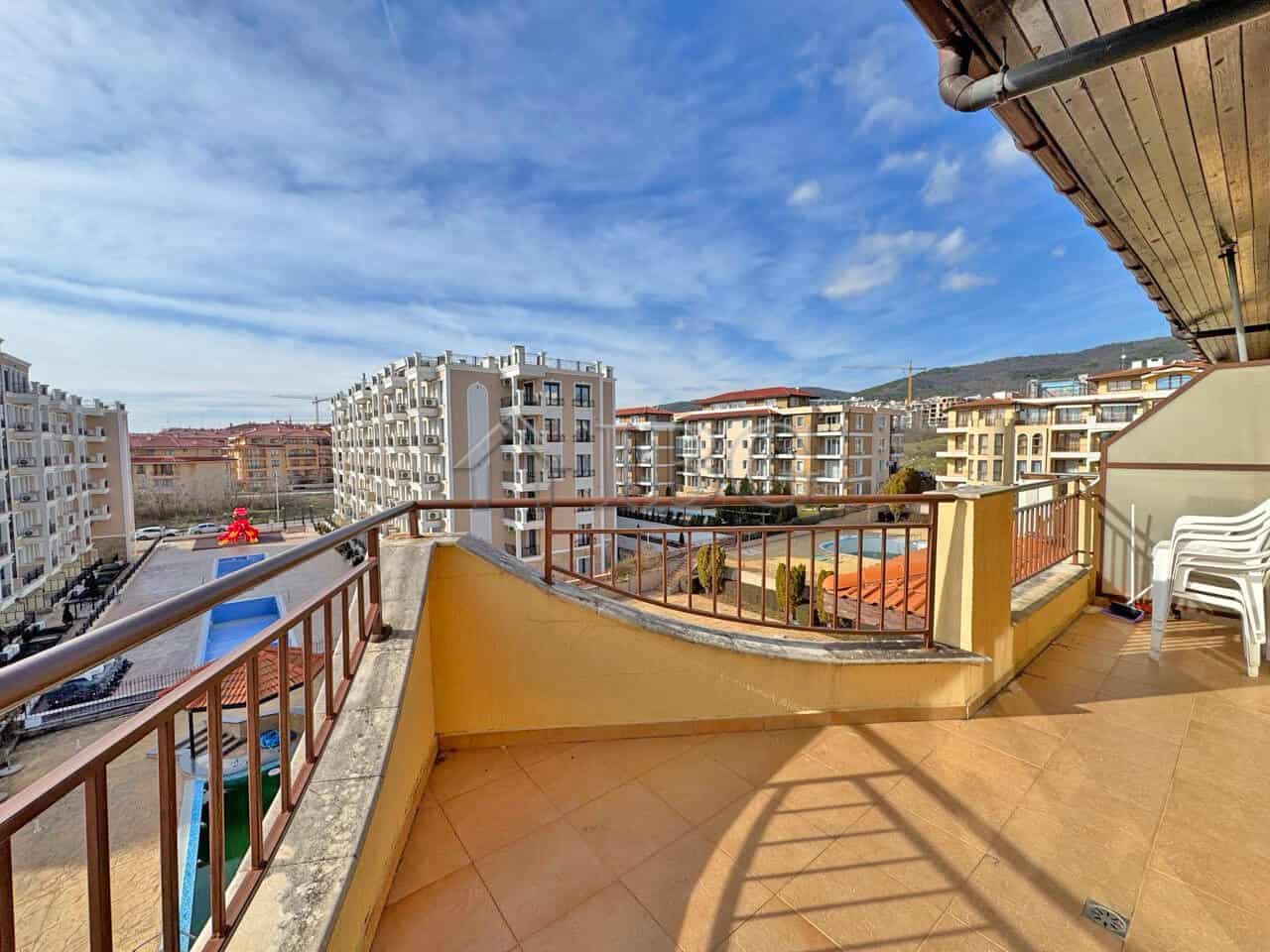 Balcony view of Sveti Vlas cityscape from a one-bedroom apartment in Aqua Dreams.