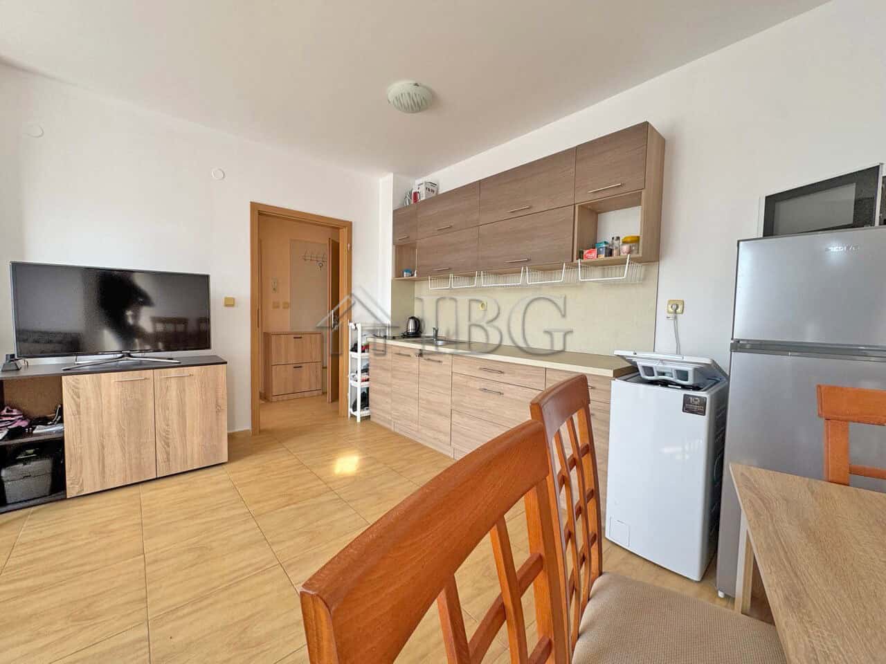Bright interior of a one-bedroom apartment in Aqua Dreams, Sveti Vlas, Bulgaria. Modern furnishings.