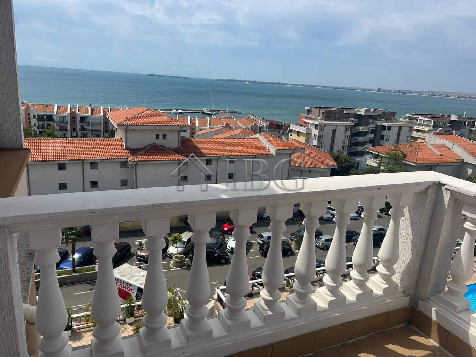 Sea view from balcony of 3-bedroom apartment in Sveti Vlas, Bulgaria.