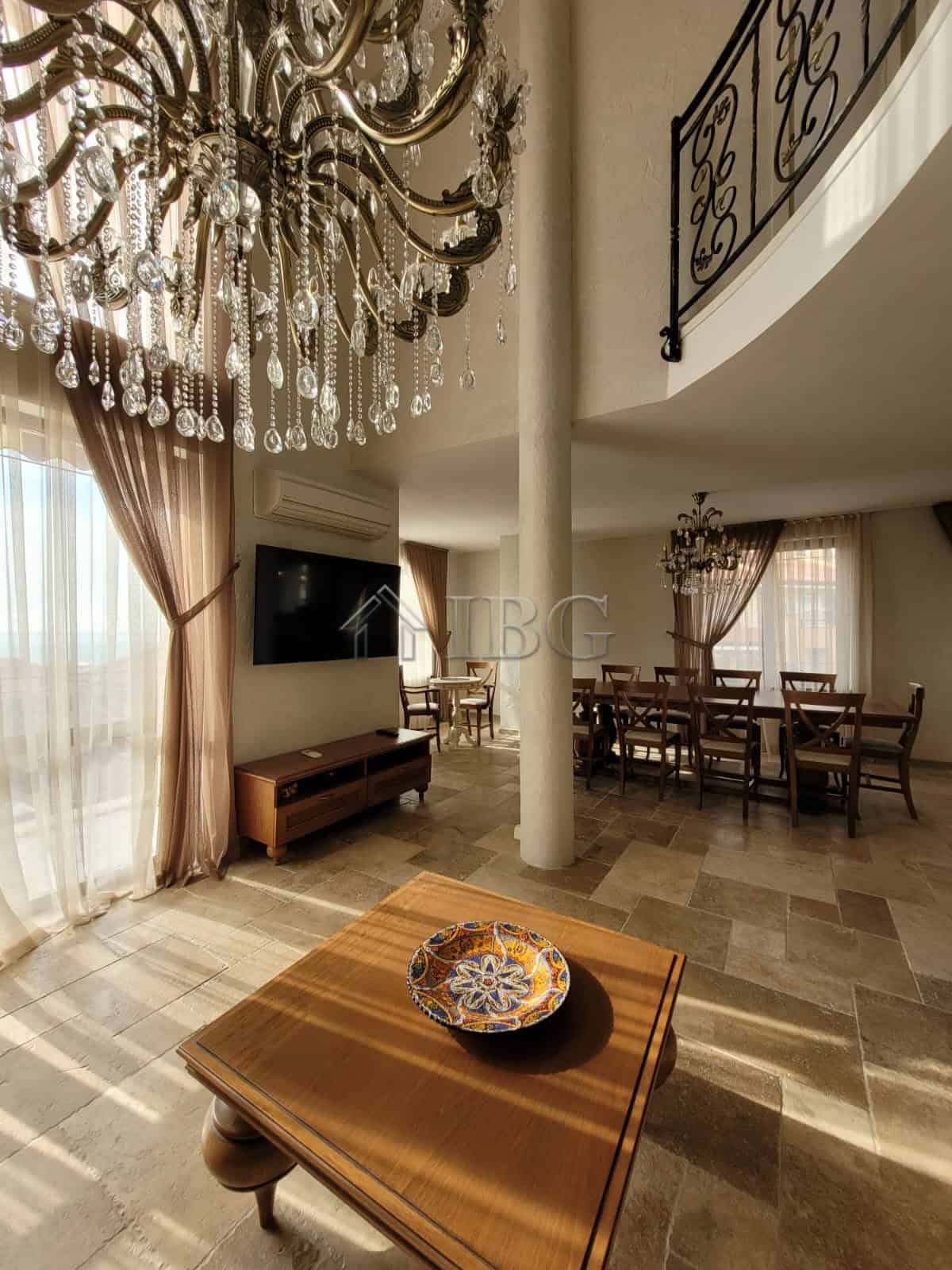 Elegant interior of a three-level maisonette overlooking the sea in Sveti Vlas. Spacious living area.