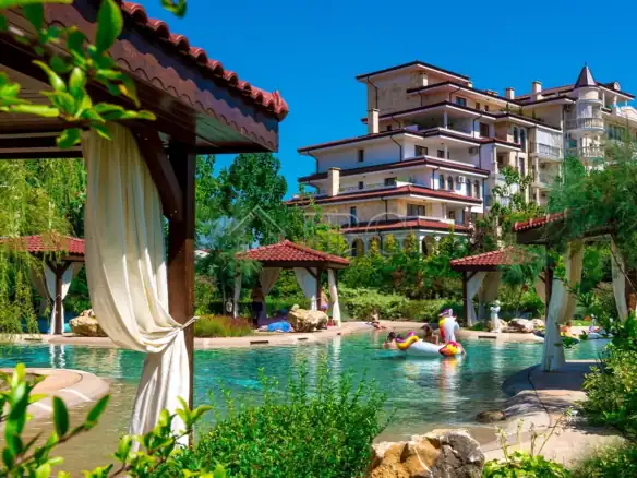 Beautiful poolside view at Esteban SPA complex in Nessebar, Bulgaria.