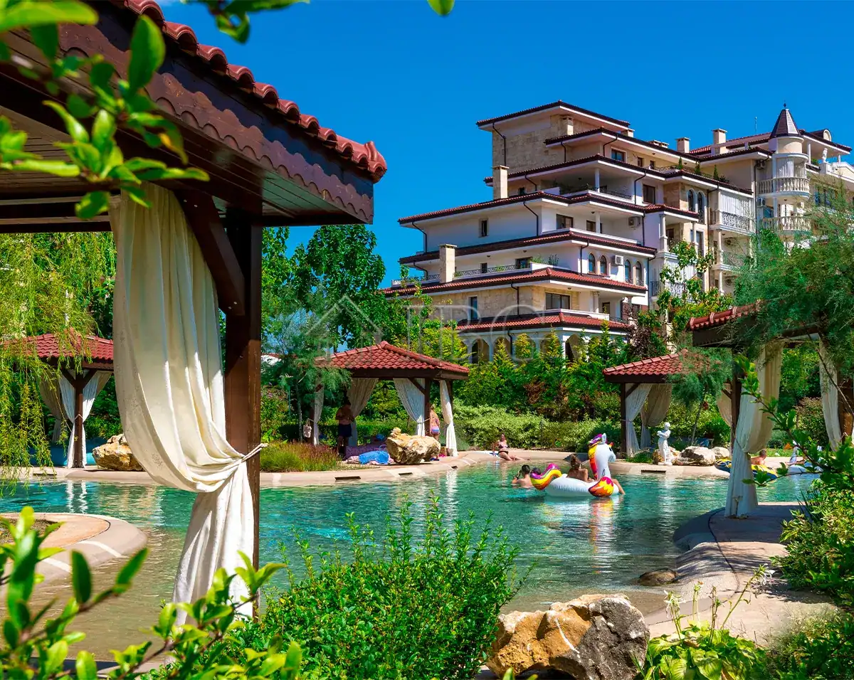 Beautiful poolside view at Esteban SPA complex in Nessebar, Bulgaria.