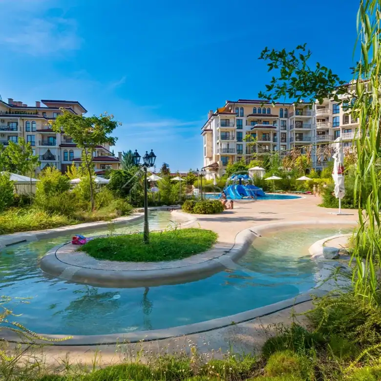 Beautiful view of the Esteban SPA complex with lush gardens and swimming pools in Nessebar.