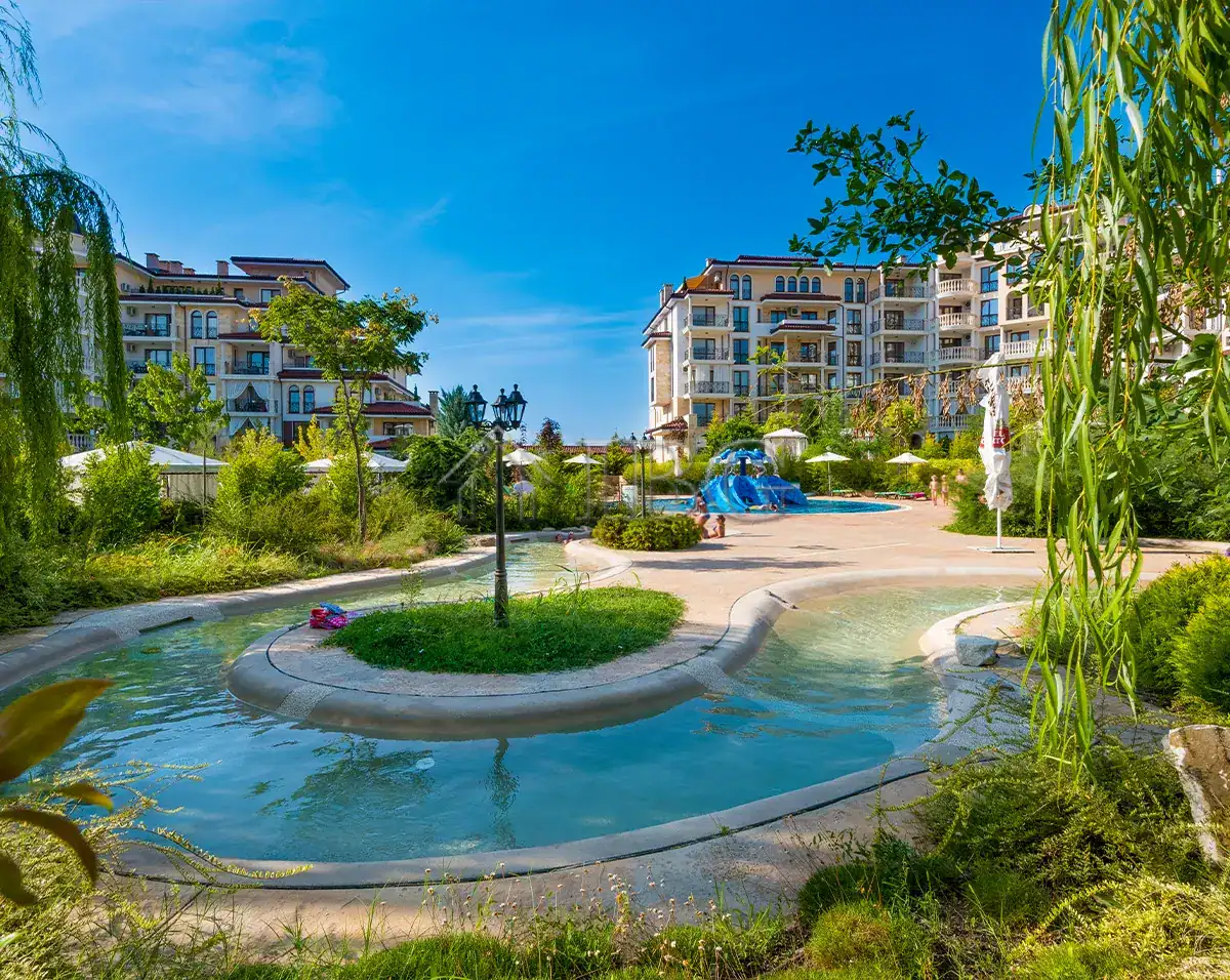 Beautiful view of the Esteban SPA complex with lush gardens and swimming pools in Nessebar.