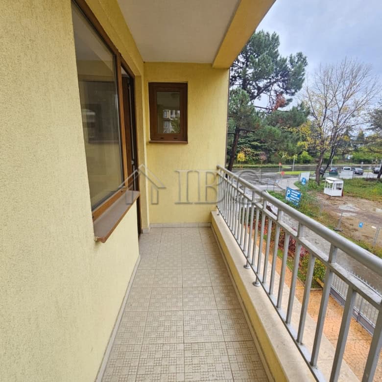 Apartment balcony overlooking pool and garden in Sunny Beach.