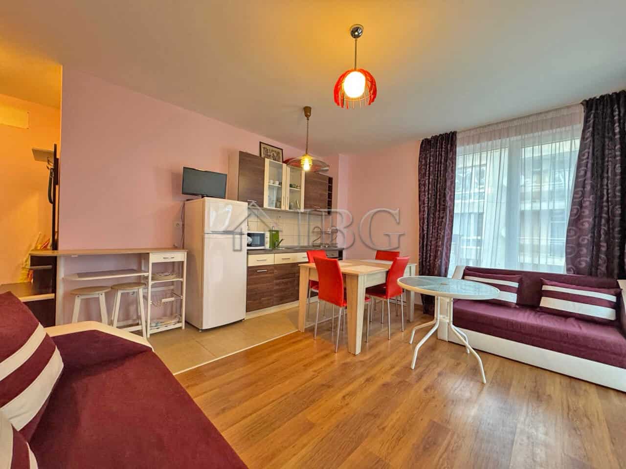 Bright 1-bedroom apartment with pool view in Sunny Beach, featuring modern furnishings and a comfort.