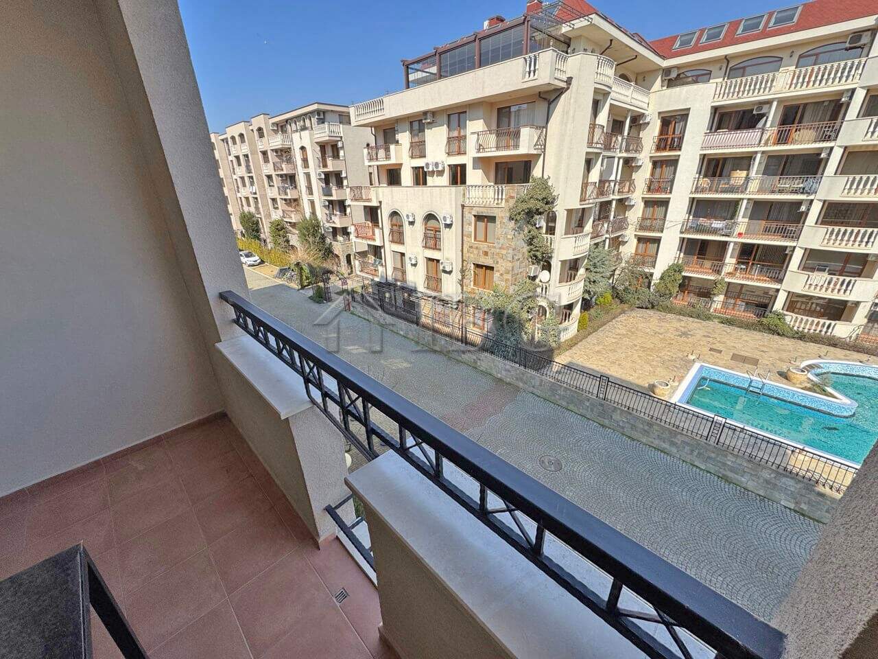 Balcony view of Cascadas Family Resort in Sunny Beach, Bulgaria.