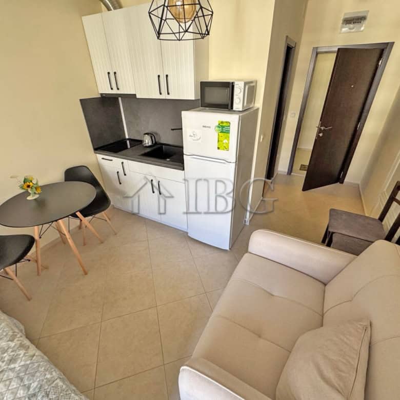 Cozy studio apartment with kitchenette, seating area, and modern decor at Cascadas Family Resort in.