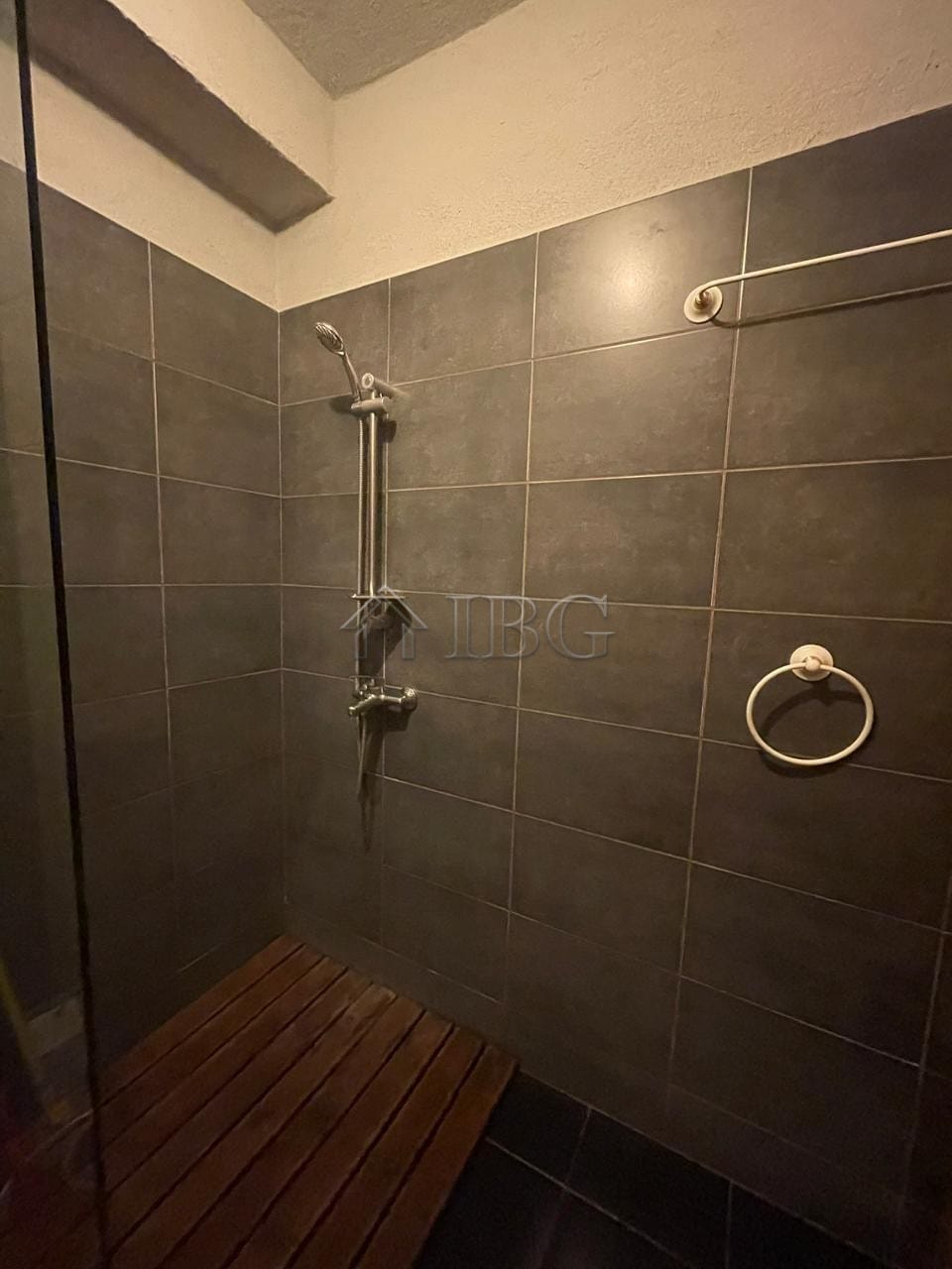 Shower area with modern fixtures and dark tiled walls in a sunny studio apartment.