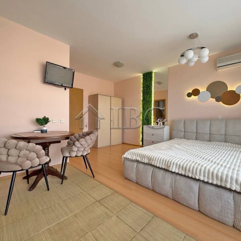 Modern studio apartment with balcony in Diamond Bay, Sunny Beach, featuring stylish decor and bright.