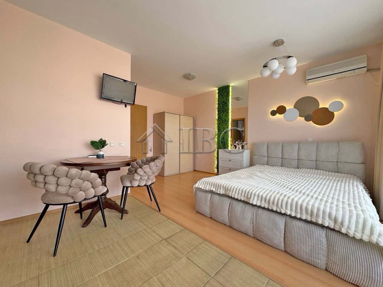 Modern studio apartment with balcony in Diamond Bay, Sunny Beach, featuring stylish decor and bright.