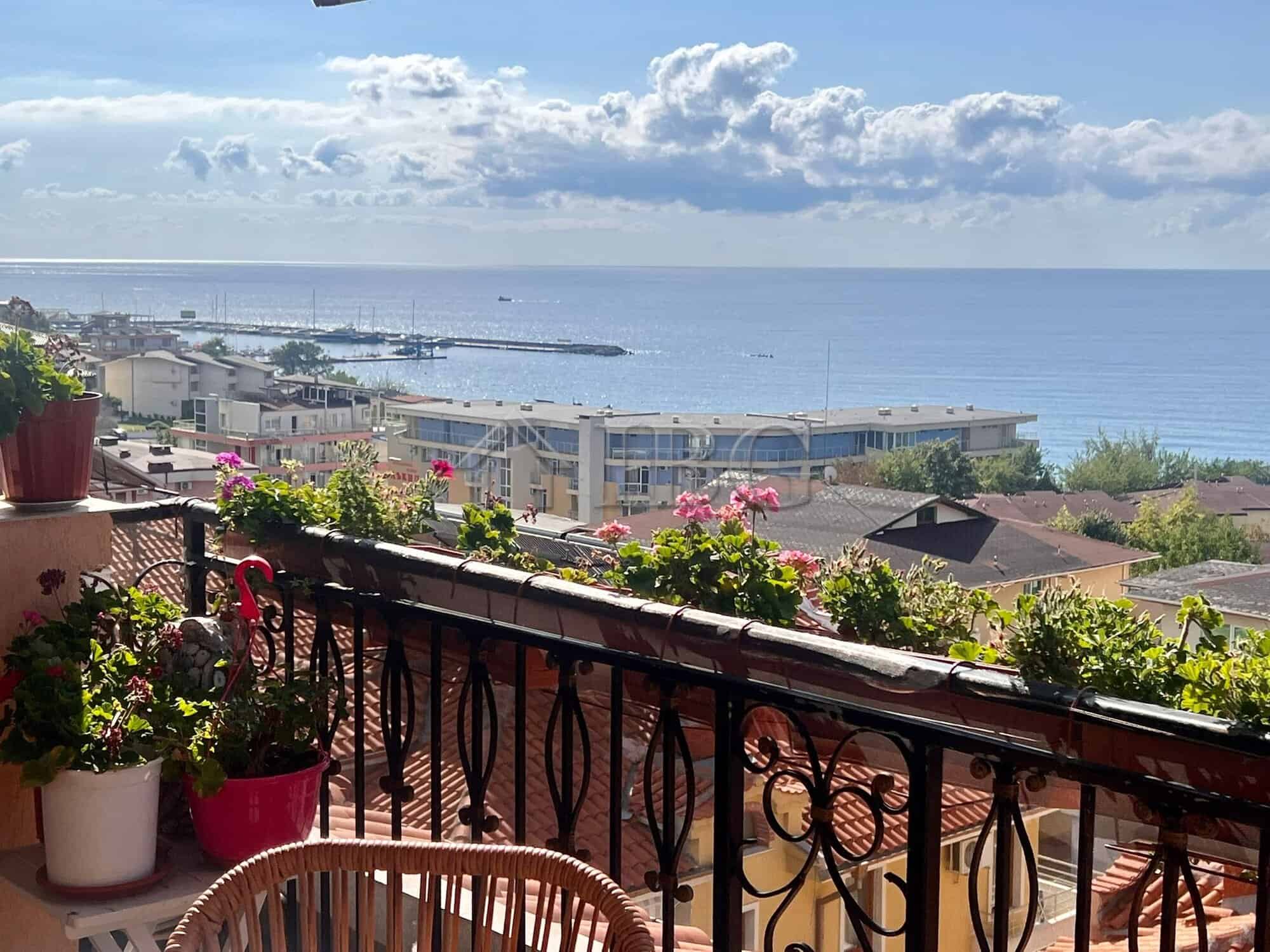 Beautiful sea view from a maisonette balcony in Sveti Vlas, overlooking the coast and surrounding co.
