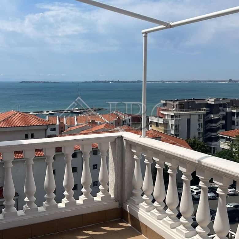 Balcony view of the sea and yacht harbor from a 3-bedroom apartment in Sveti Vlas, Bulgaria.