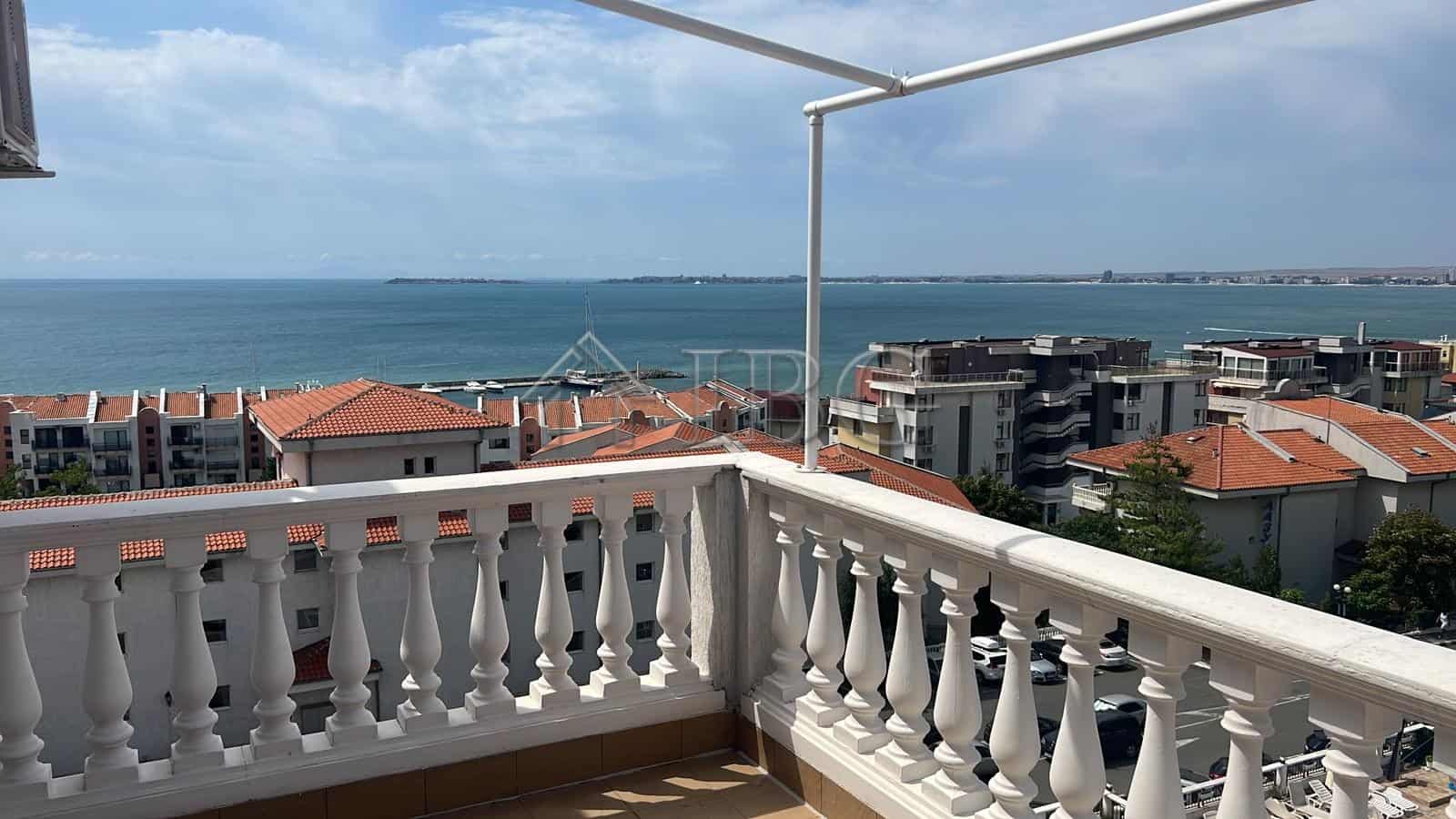 Balcony view of the sea and yacht harbor from a 3-bedroom apartment in Sveti Vlas, Bulgaria.