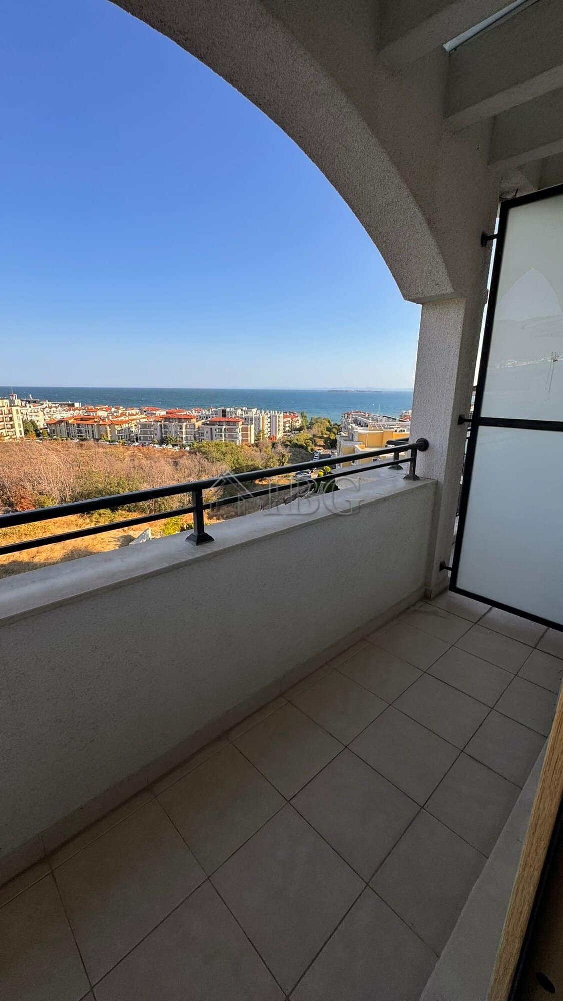 Sea and mountain view from balcony of Sveti Vlas apartment.