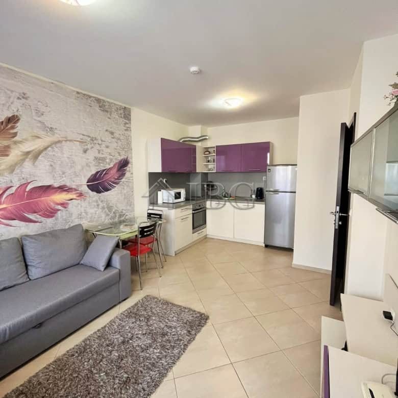 Modern furnished 1-bedroom apartment at Cascadas Family Resort, Sunny Beach, featuring a cozy living.