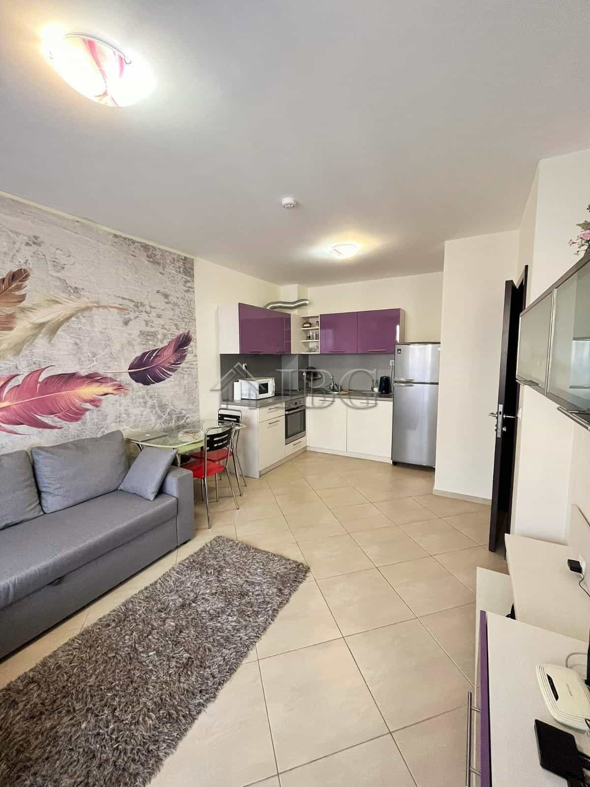 Modern furnished 1-bedroom apartment at Cascadas Family Resort, Sunny Beach, featuring a cozy living.