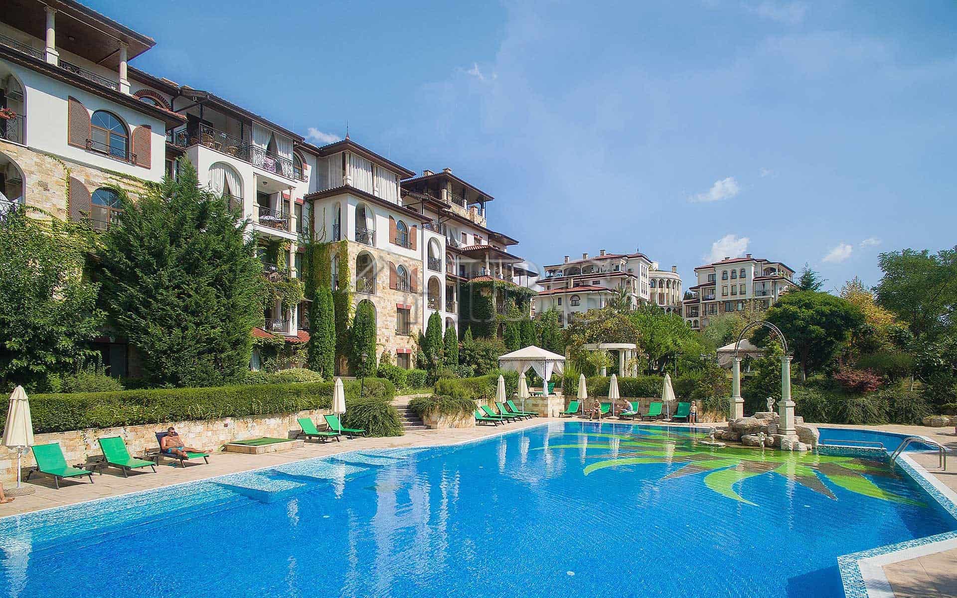 Modern 2-bedroom apartment in Esteban Complex, Nessebar, with scenic pool views.