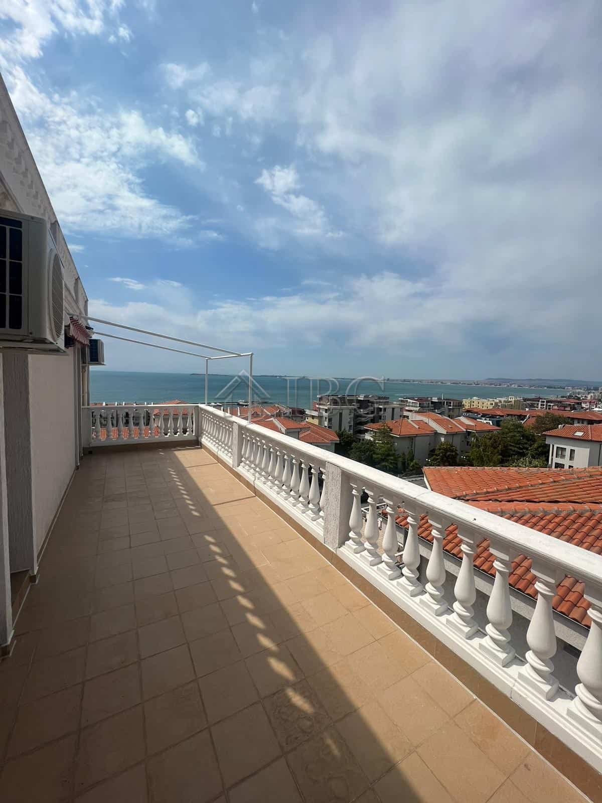 Spacious balcony overlooking yacht harbor and sea in Sveti Vlas, Bulgaria. Perfect for relaxing and.