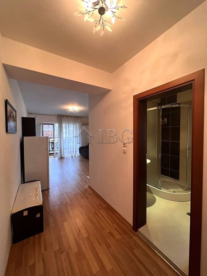 Bright studio apartment with balcony in Sveti Vlas village. Modern interior, open living space, perf.