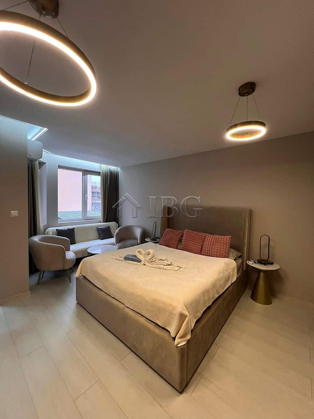 Stylish studio with balcony, modern furnishings, and natural light in a new complex at Sunny Beach.