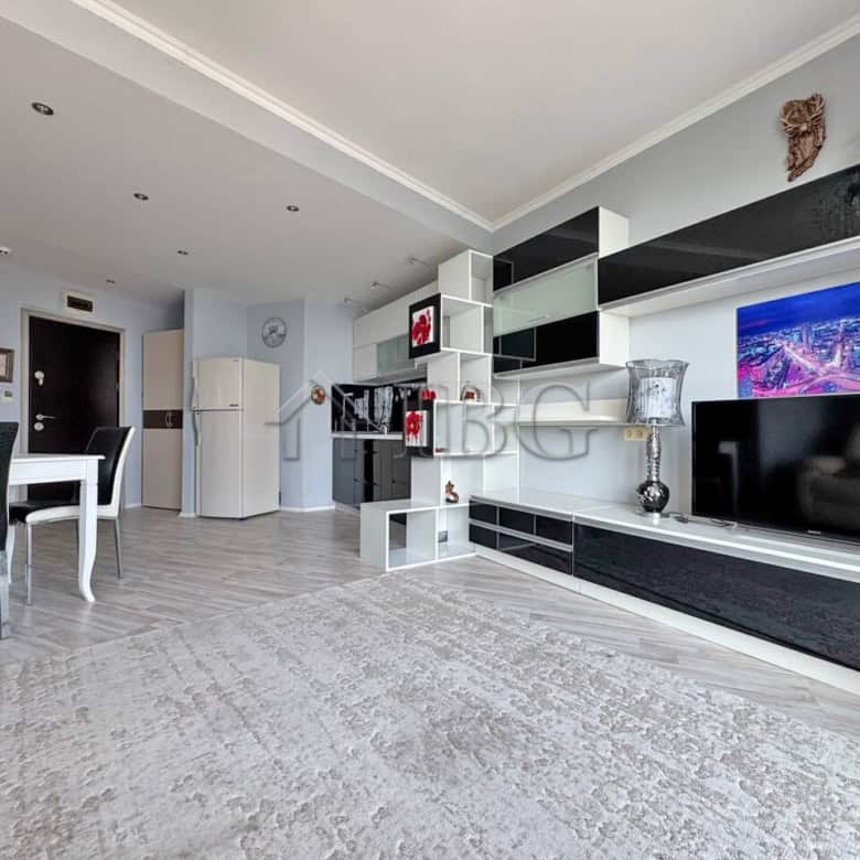 Bright, spacious living area with contemporary furniture and sea views in Sveti Vlas.