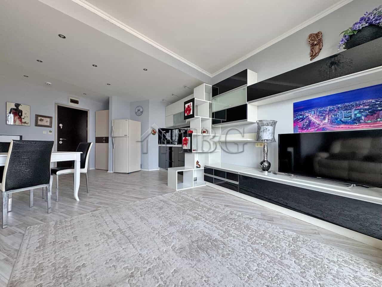 Bright, spacious living area with contemporary furniture and sea views in Sveti Vlas.