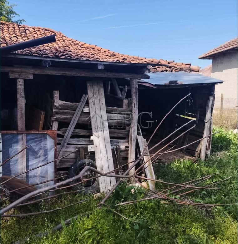 Old wooden shed with overgrown grass and garden tools in front of a house.