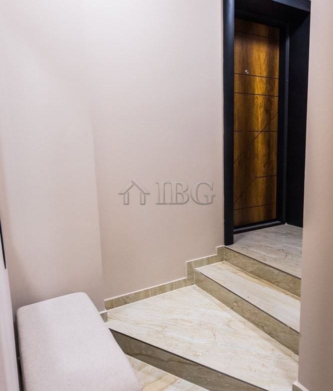 Modern apartment entrance with elevator door in Lazur District, Burgas. Stylish interior with clean.