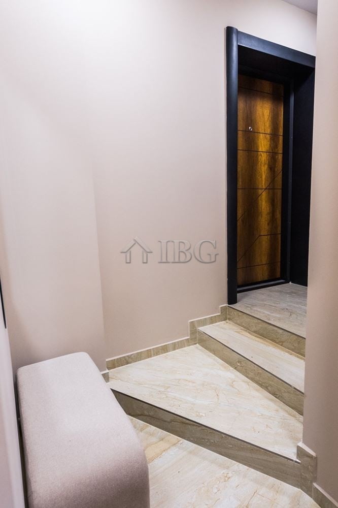 Modern apartment entrance with elevator door in Lazur District, Burgas. Stylish interior with clean.
