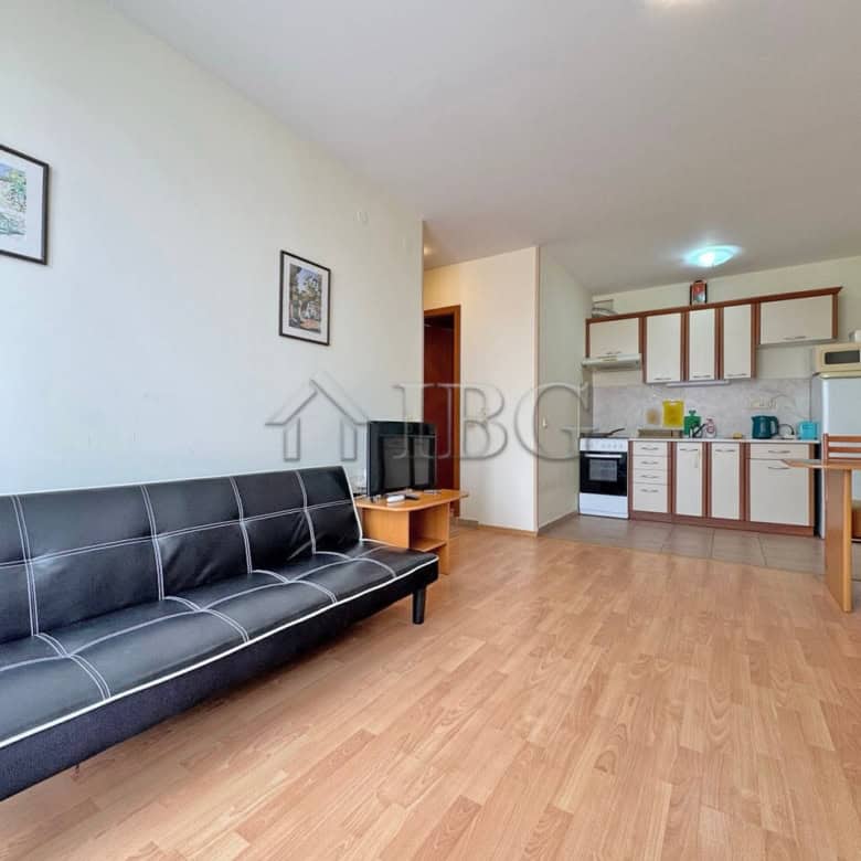 Apartment with pool view in Nessebar Fort Club, Sunny Beach, featuring a modern living area and open.