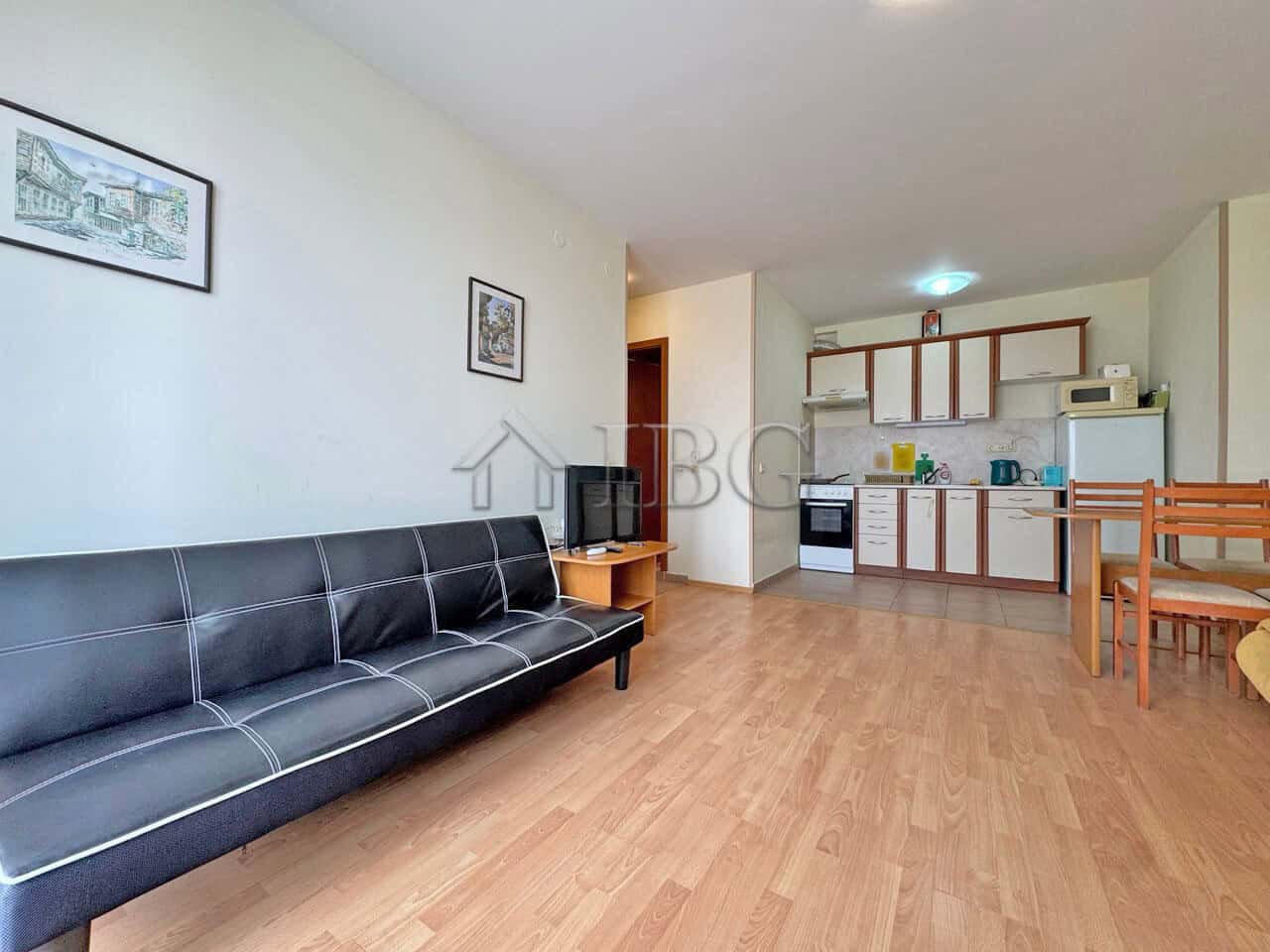 Apartment with pool view in Nessebar Fort Club, Sunny Beach, featuring a modern living area and open.