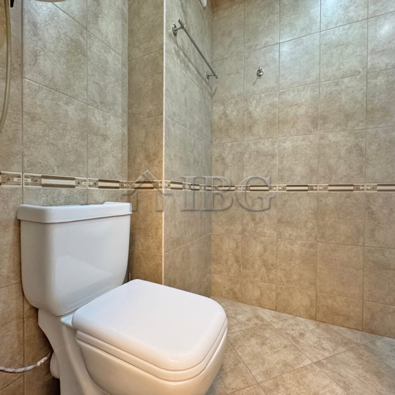 Modern bathroom in a studio apartment near the sea in Sveti Vlas, Bulgaria.