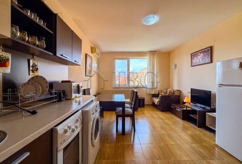 Bright interior of a 1-bedroom apartment near the beach in Sveti Vlas, Bulgaria. Modern furnishings.