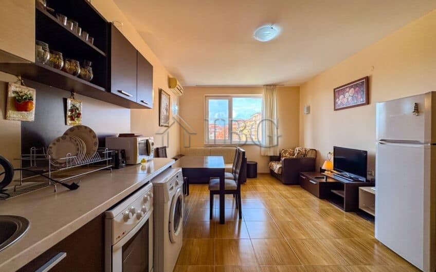 Bright interior of a 1-bedroom apartment near the beach in Sveti Vlas, Bulgaria. Modern furnishings.