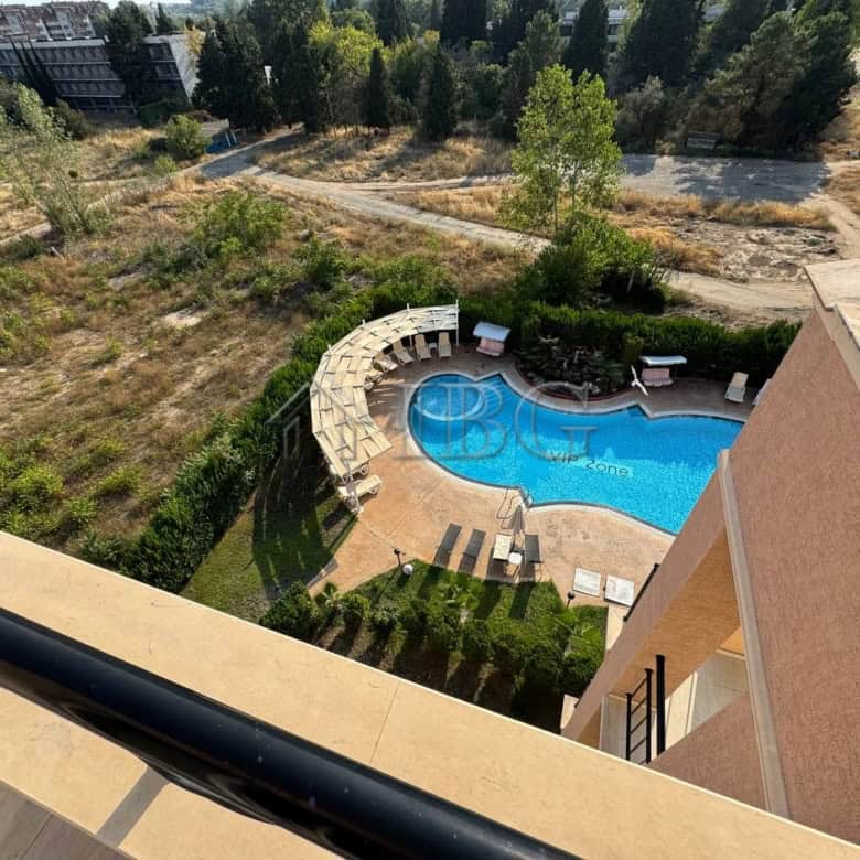 Pool view from apartment balcony in VIP Zone Complex, Sunny Beach.