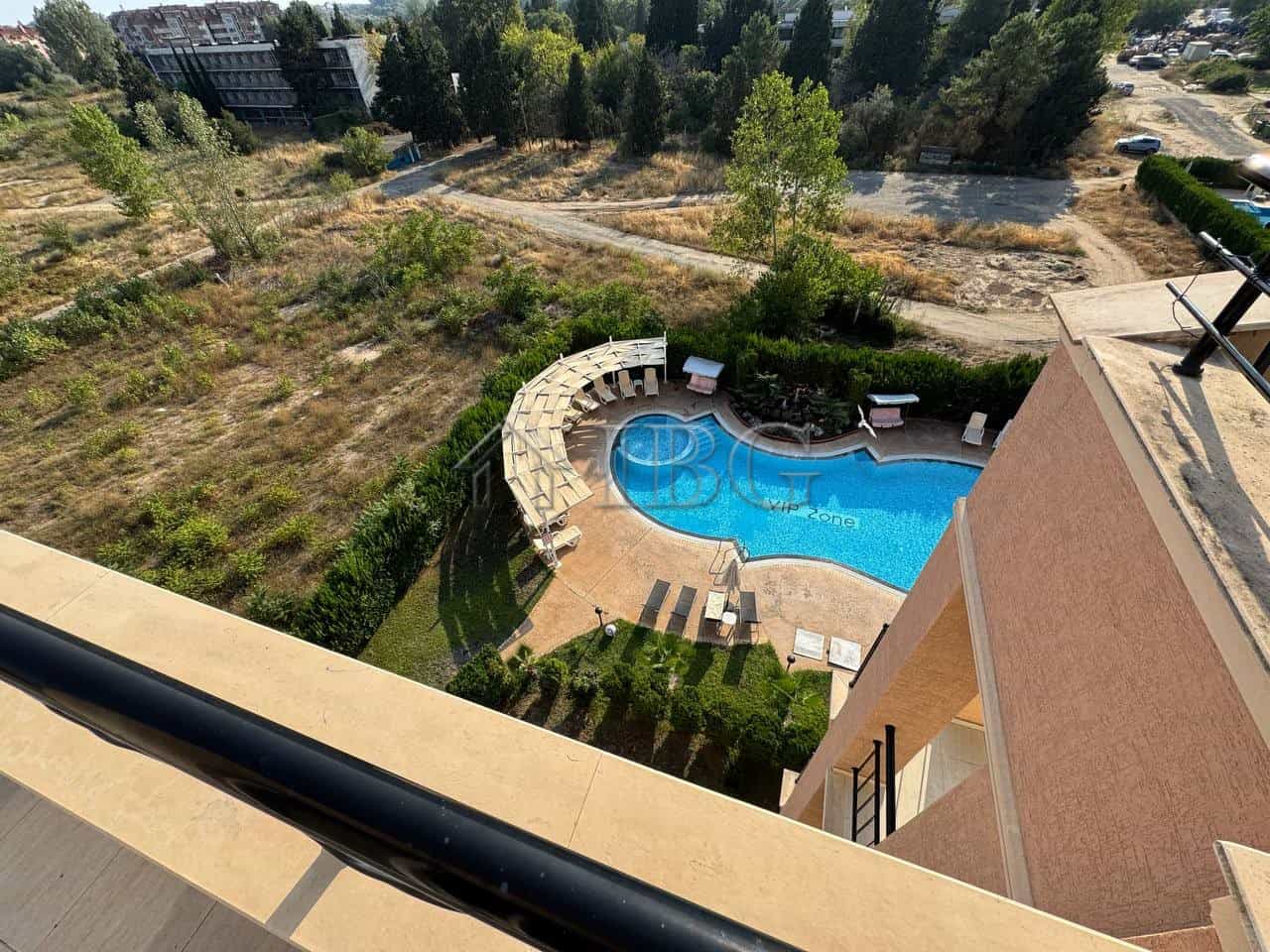 Pool view from apartment balcony in VIP Zone Complex, Sunny Beach.