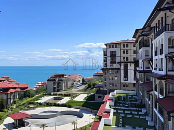 Beautiful sea view from a studio apartment with patio in Sveti Vlas. Modern building with scenic sur.