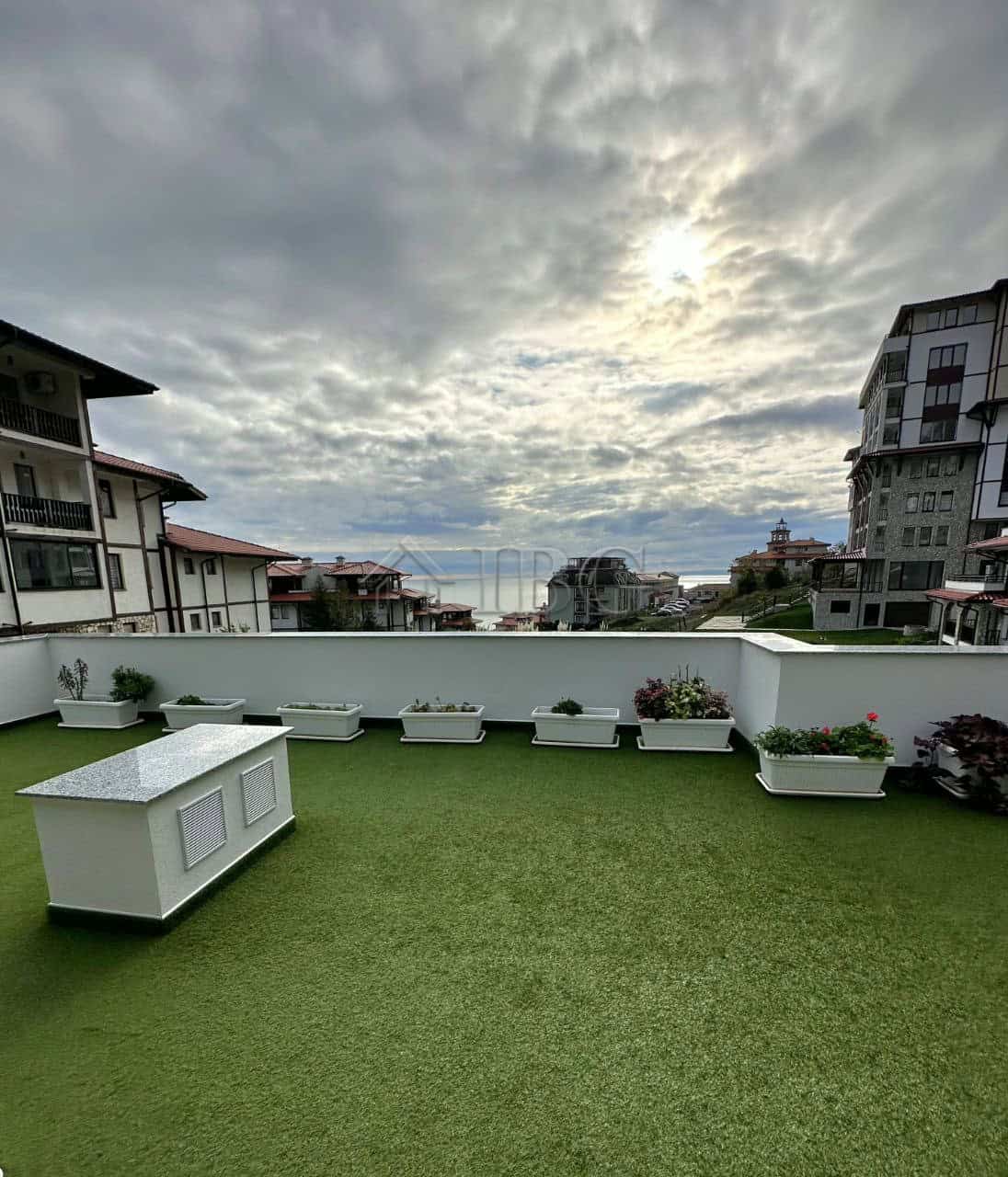 Sea view from the patio of a studio apartment in Sveti Vlas, Bulgaria.