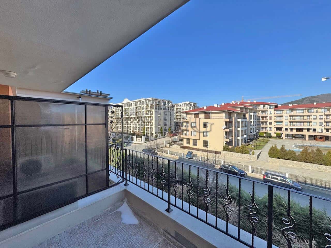 Modern apartment balcony with city view in Sveti Vlas, Bulgaria Balcony view of Sveti Vlas cityscape from a 1+1 apartment at Premier Fort Beach.