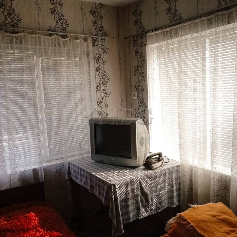 Bright living room with vintage decor and large windows overlooking the garden.