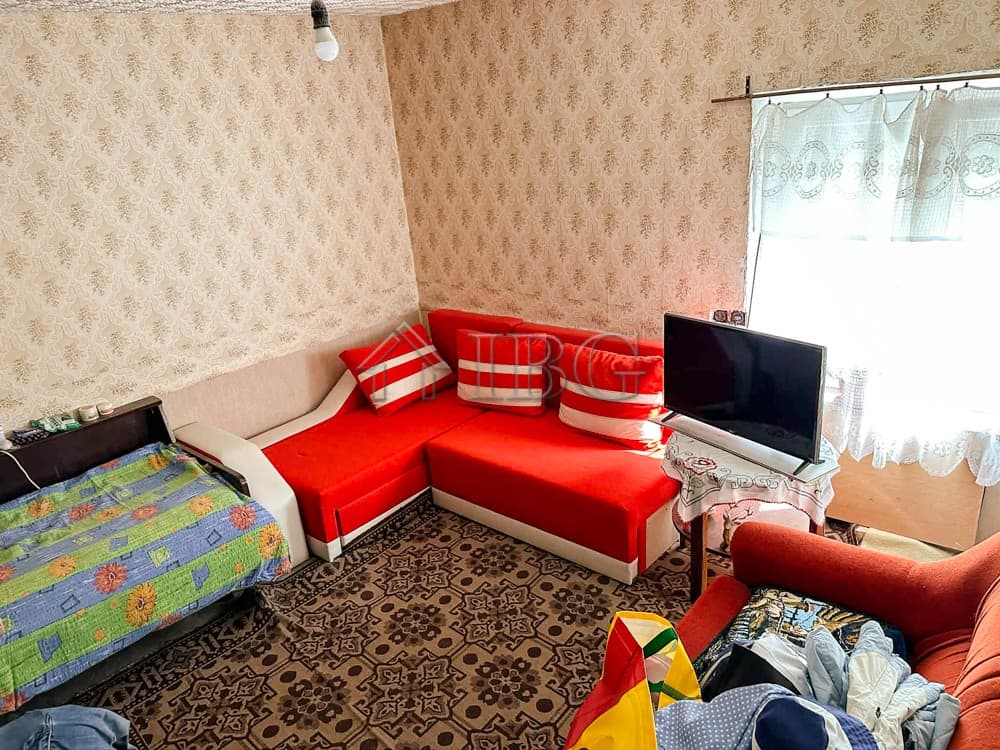 Bright interior of a renovated one-storey house with garden and living area.