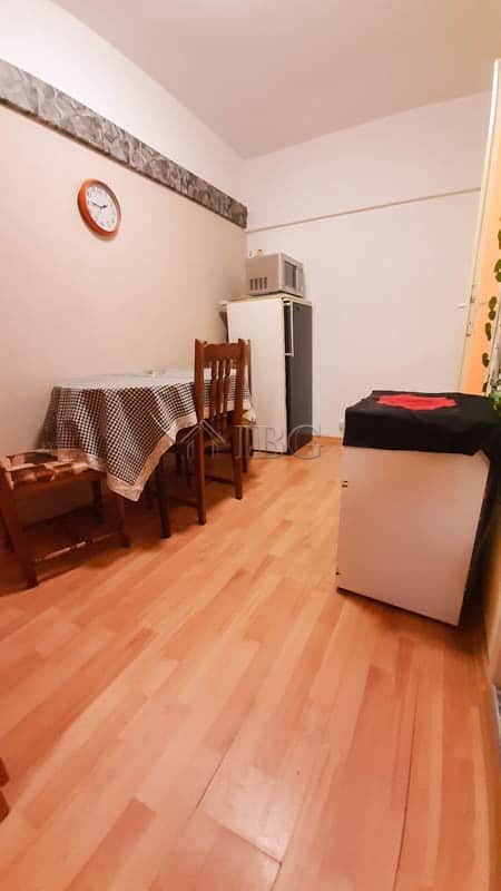 Small apartment interior with dining table, chairs, fridge, microwave, and washing machine in Drujba.