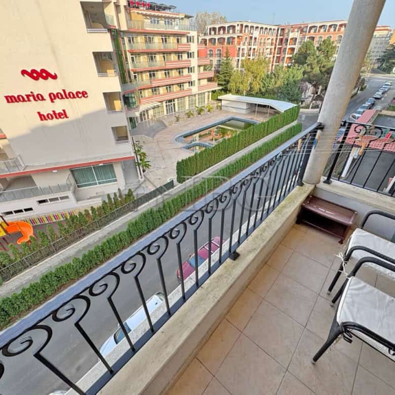 Balcony view of Royal Sun hotel with seating area in Sunny Beach, Bulgaria.