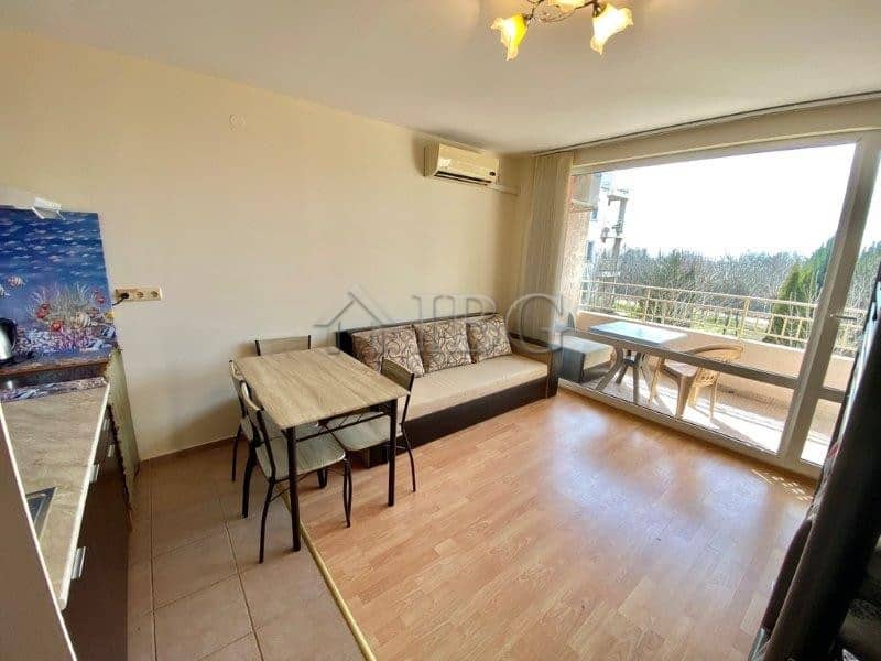 Furnished studio apartment with balcony overlooking park in Nessebar Fort Club, Sunny Beach.