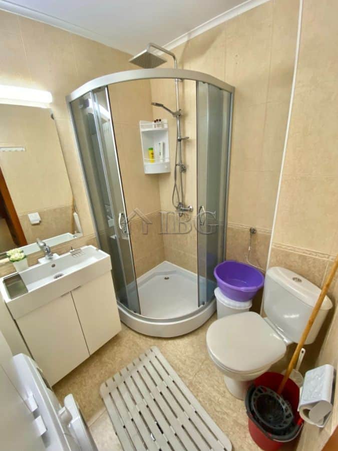 Bright bathroom with shower enclosure, toilet, and sink in a compact apartment.