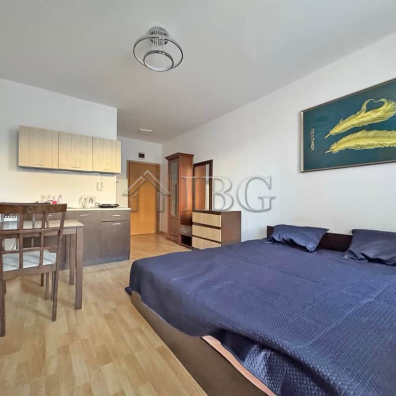 Bright studio apartment close to Sunny Beach with modern furnishings and open-plan living area. Perf.