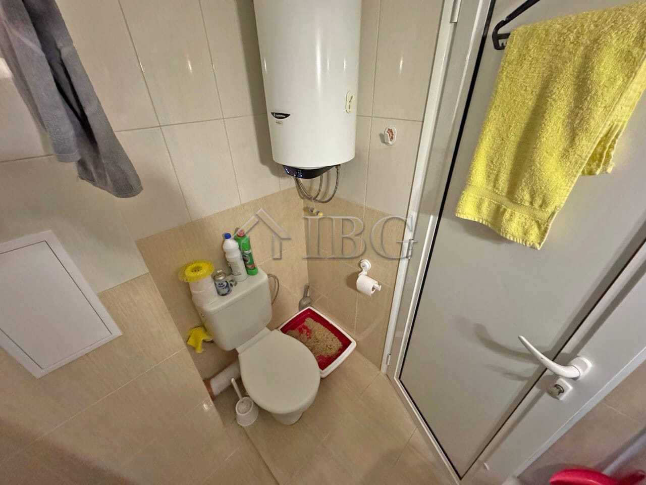 Compact bathroom in a furnished studio with balcony at Topoli Complex, Sunny Beach.